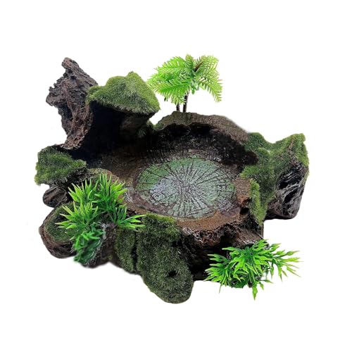 Reptile Feeding Bowl Resin Turtle Food Water Dish Terrarium Tank Decor with Artificial Plants for Lizard Gecko Chameleon Frog Spider