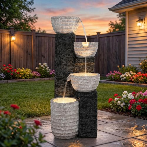 40" H Multilayer Cascading Outdoor Water Fountain with LED Lights & Pump, Sand-Textured Polyresin Freestanding Garden Fountain for Tranquil Garden, Patio or Porch | Unique Sand-Textured Polyresin Freestanding Garden Fountain for Garden, Patio or Porch - c