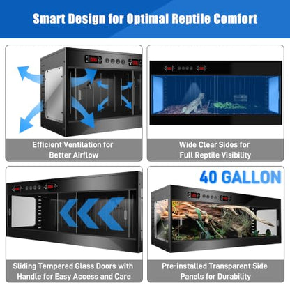 PVC Reptile Tank Enclosure-40 Gallon Intelligent Bearded Dragon Tank, Front Opening Reptile Terrarium 39x15.7x15.7 with Temperature Controller, Mat & Sliding Door Handle for Snake Lizard Gecko