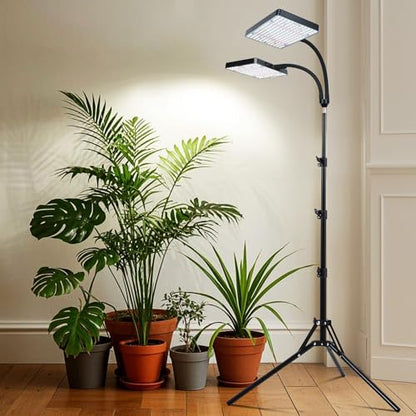 2Head Grow Light with Stand, 50 Watt Grow Lights for Indoor Plants, Natural Sunlight Full Spectrum Plant Growing Lamps for Tall Houseplants & Bonsai Tree, 4/8/12/16/20H 5-Mode Timer - size: 2Head Stand(50W)