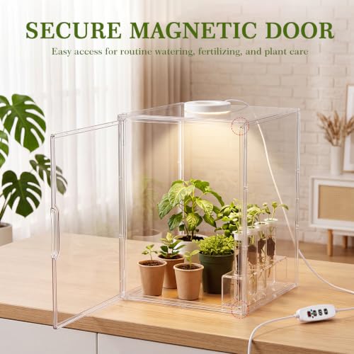 Novabright Mini Greenhouse Indoor with Grow Light Clear Acrylic Plant Cabinet, Tabletop Indoor Greenhouse Kit DUSB White & Warm Light for Succulents, Herbs (Without Dividers)