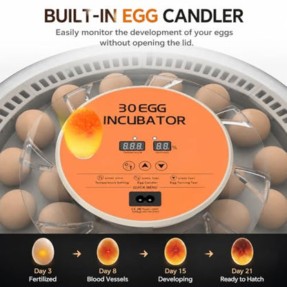 30 Egg Incubator with Automatic Egg Turning, Temperature Control and Humidity Monitor Incubators for Hatching Eggs, Chicken, Ducks, Goose, Pigeon, Quail, Parrot Incubator for Farm, Lab