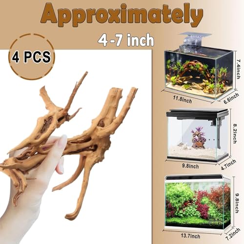 kathson 4Pcs Aquarium Driftwood, 4"-7" Small Natural Wood Driftwood Tree Fish Tank Decoration Assorted Branches Ornament for Fish, Shrimp, Aquatic Animals Play
