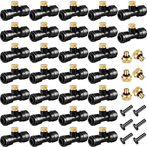 Ripeng 72 Pcs Brass Misting Nozzles Tees Plugs, 1/4 Inch Outdoor Mister | 30 Misting Nozzle Tees, 36 Brass Nozzles And 6 Black End Plugs For DIY Outdoor Patio Garden Backyard Cooling Spray System