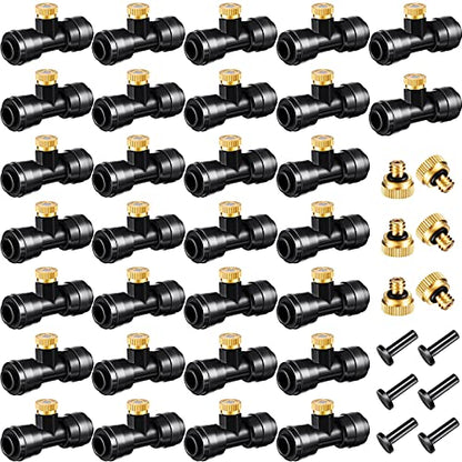 Ripeng 72 Pcs Brass Misting Nozzles Tees Plugs, 1/4 Inch Outdoor Mister | 30 Misting Nozzle Tees, 36 Brass Nozzles And 6 Black End Plugs For DIY Outdoor Patio Garden Backyard Cooling Spray System