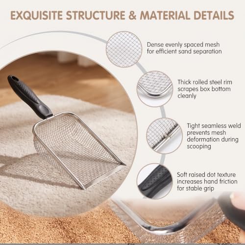 Fine Mesh Cat Litter Scoop Stainless Steel Sifter with Handle | 8-Mesh Fine Grid Cat Litter Scoop with PP Handle; Fast Sifting for Clumping Litter; for Cat Litter & Reptile Sand Cleaning