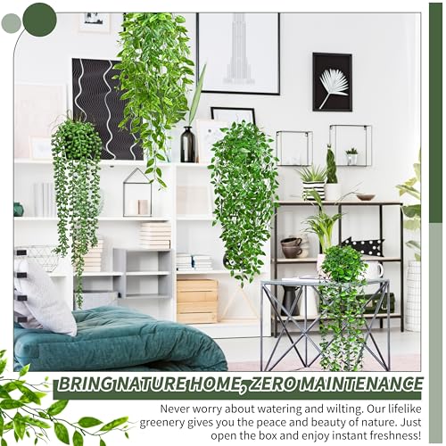 Palonu 4 Pack Faux Artificial Hanging Plants, UV Resistant Fake Potted Greenery with Eucalyptus Vine, Mandala, Pea Pod Leaves & String of Pearls in Pots for Living Room Bathroom Indoor Outdoor Décor