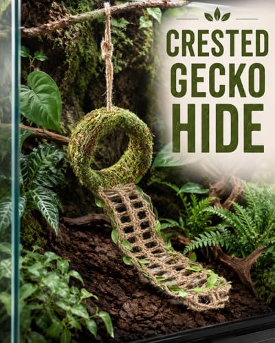 Crested Gecko Hide, Hanging Moss-Style Reptile Hideout with Rope Ladder, Crested Gecko Tank Accessories for Vertical Terrariums, 16 in Crested Gecko Decor & Gecko Tank Accessories