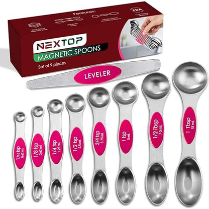 Magnetic Measuring Spoons Set of 9 Stainless Steel Dual-Sided Stackable Measuring Spoon Nesting Teaspoons Measuring Dry and Liquid Ingredients, Fits in Spice Jars Set of 9 (Pink) - color: Pink