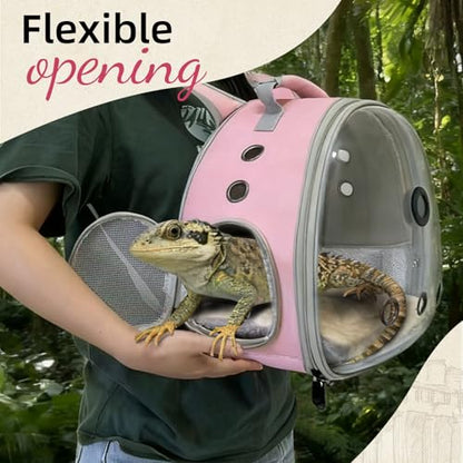 Bearded Dragon Backpack Carrier w/Reptile Thermometer Hygrometer, Clear Bubble Window Astronaut Space Capsule Travel Bag for Leopard Gecko, Ball Python, Lizard, Hermit Crab, Spider, Guinea Pig - color: Pink