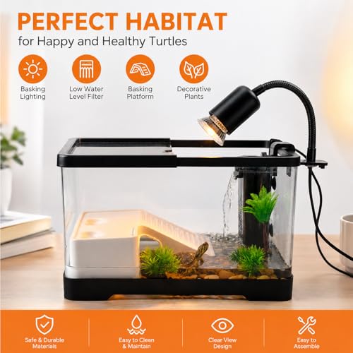 Turtle Tank Starter Kit– Acrylic Aquarium with UVB/UVA Lamp, 3W Quiet Filter, Basking Platform & Lid – Complete Habitat for Baby Turtles, Crabs, Amphibians & Small Reptiles - size: S(12"x 7.7"x 7.2")