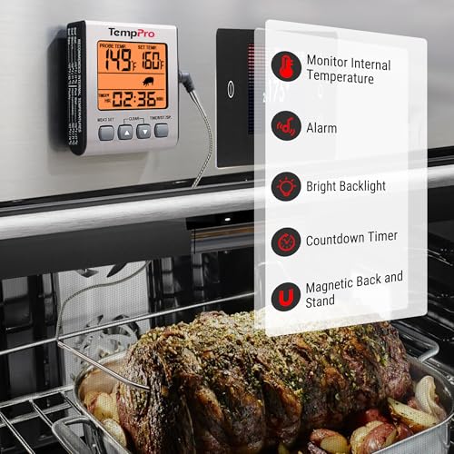 TempPro TempTrack Digital Meat Thermometer for Cooking and Grilling | BBQ Food Thermometer with Backlight and Kitchen Timer, Grill Temperature Probe Thermometer for Smoker, Oven, Baking, Oil - color: Light Silver