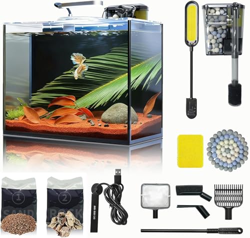 3 Gallon Small Fish Tank Glass Aquarium Set, Starter Kit with Heater Water Pump Cleaning Filter Bright Light Rocks Gravel Cleaning Tool, Leak-Proof Clear Rimless Desktop Spaces Saving Betta Fish - size: 3 Gallon