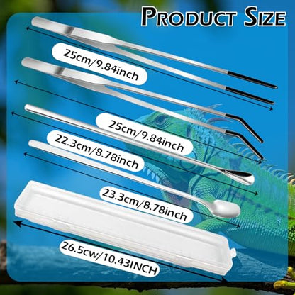 4-Piece Bearded Dragon Accessories, Long Stainless Steel Tweezers & Spoons | Bearded dragon accessories for controlled feeding, substrate cleanup, aquarium planting and decor placement in deep tanks