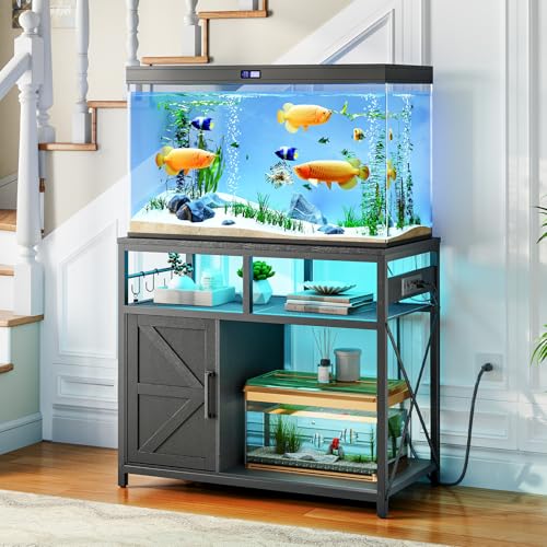 HOOBRO 40-50 Gallon Fish Tank Stand with Power Outlet and LED Light, Metal Frame Aquarium Stand with Cabinet Storage, for Reptile Turtle Tank, 440 LBS Capacity, 36.6'' L x 18.9'' W, Black BB93UDFT01