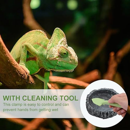 Reptile Bowls, 2 Pcs Reptile Feeding Dish with Clamp & Shovel, Resin Rock Reptile Water & Food Bowls, Amphibian Reptile Feeding Terrarium Bowls for Gecko Lizard Spider Scorpion Chameleon