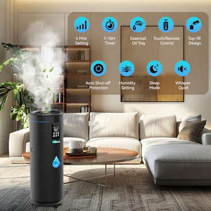 Humidifiers for Large Room Home Bedroom 2000 sq.ft. 17L/4.5Gal Large Humidifier with Extension Tube & 4 Speed Mist,Top Fill Wholehouse Humidifier with 360°Nozzle for Plant Commercial Greenhouse(Black) - color: Black