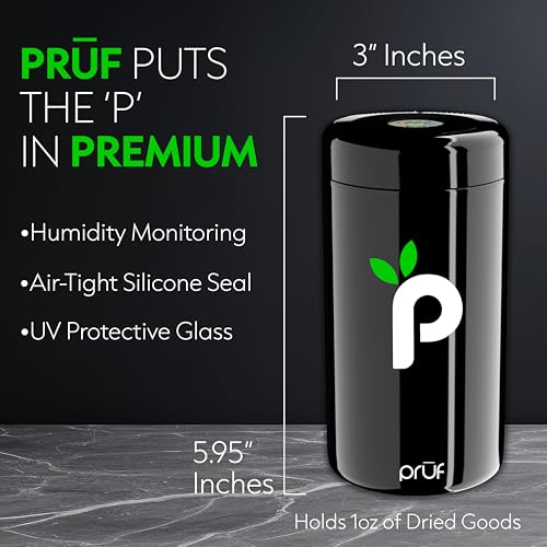 Prūf Jar with Built-In Humidity & Temperature Monitor (Hygrometer) – Airtight 500ml UV-Proof Glass Storage Jar with Silicone Seal – Humidity Control – Includes 2 Boveda 62% (8g) Packs – by Hygenix