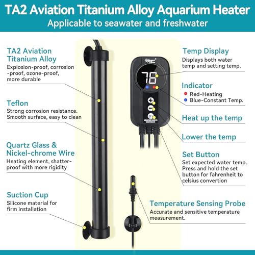 hygger Marine Aquarium Heater 200W,Titanium Heater with Digital LED Controller & Temperature Probe,Submersible Fish Tank Heater with Temperature Calibration,for Saltwater Freshwater Tank 30-40Gallon - size: 200W for 30-40 Gallon