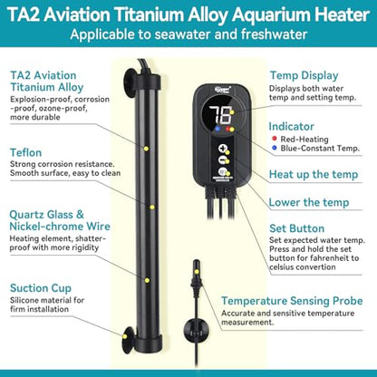 hygger Marine Aquarium Heater 200W,Titanium Heater with Digital LED Controller & Temperature Probe,Submersible Fish Tank Heater with Temperature Calibration,for Saltwater Freshwater Tank 30-40Gallon - size: 200W for 30-40 Gallon