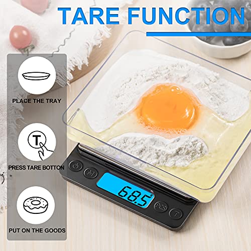 Digital Food Kitchen Scale Upgraded, YONCON 3000g/0.1g High Accuracy Mini Pocket Scale Measures in Grams and oz for Cooking, Baking, Jewelry, Tare Function,2 Trays, LCD Display (Batteries Included) - color: Black