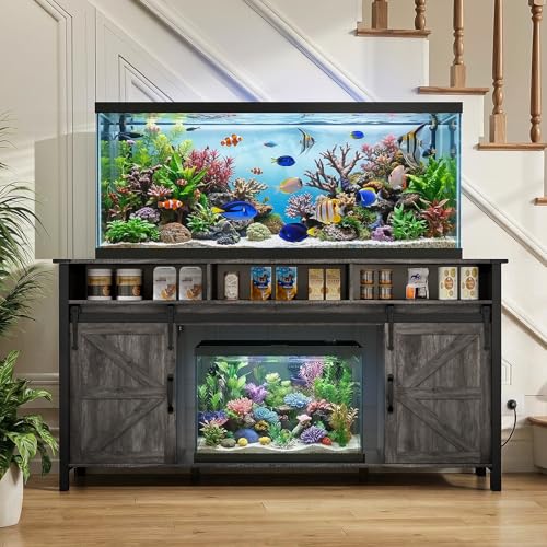 VOWNER 75-120 Gallon Fish Tank Stand with Power Outlet for 2 Tanks, Grey | Farmhouse Aquarium Stand with Storage Cabinet & Sliding Barn Doors, Heavy Duty Reptile Tank Stand, 1000LBS Capacity - color: Grey