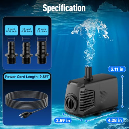 880GPH Submersible Water Pump, Water Fountain (85W 3200L/H) with 10.5FT High Lift Adjustable & 3 Nozzles & 16.4FT Cord, Ultra Quiet Aquarium Pump for Pond Fountain Waterfall Hydroponics-Q105 - size: 880GPH