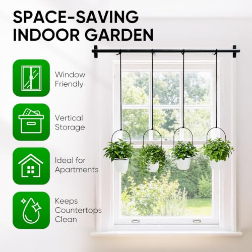 Window Plant Hanger with 4 Pots, 40 Inch Adjustable Hanging Planters for Indoor Plants, Metal Wall/Ceiling Plant Rod for Herbs, Flowers, Kitchen, Apartment & Balcony, Black