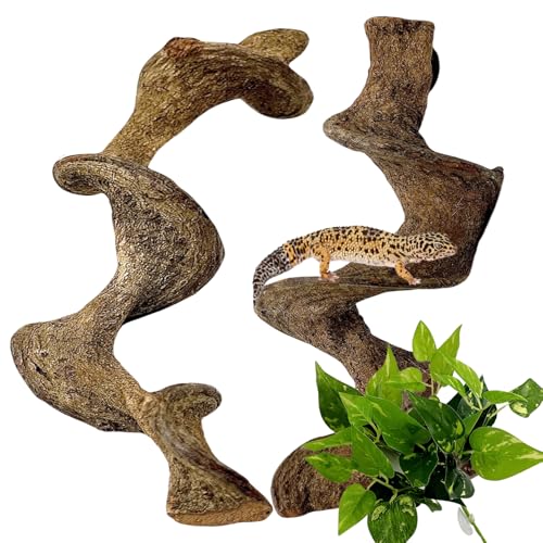BNOSDM 2PCS Natural Reptile Climbing Branches Decor,1.3-1.8" Thick Natural Snake Climbing Forest Wood with Plant Leaf Decor,Lizard Forest Branch,Geckos Tank Tree Trunk Accessories for Bearded Dragons - size: 2PCS|M:1.25-1.75"T,13"H