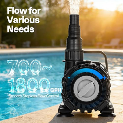 VIVOHOME 100W Pond Pump, 700-1800GPH Adjustable Flow Submersible Water Pump | Stepless Flow Control, 14ft Max Lift, 180° Seamless Adjustable Nozzle, Barrier Pump Bag, 20ft Power Cord - size: 700-1800GPH