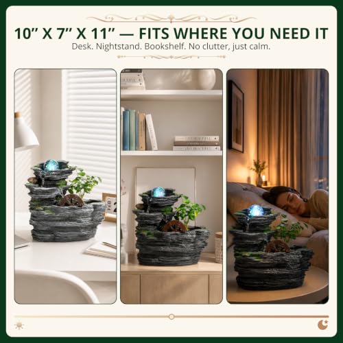 Tabletop Water Fountain, Resin Water Wheel, LED Light,Soothing Sound | Circulating water flow; indoor décor accent; planter space; easy on/off switch; calming desktop centerpiece,Ambient Light