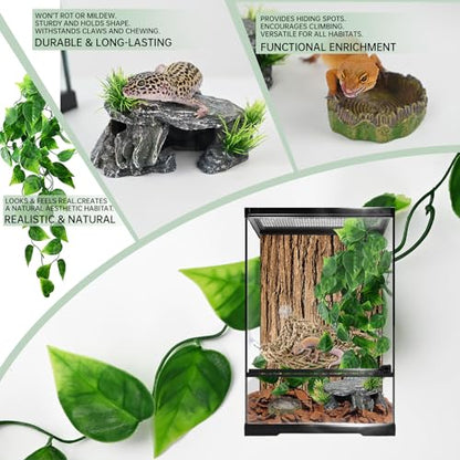 5-in-1 Leopard Gecko Tank Starter Kit, Hide Cave, Seagrass Hammock, Climbing Vine, Tweezers & Dish - 10-20 Gal | Fits Leopard/Crested Geckos, Harmit Crabs, Juvenile Tortoises (Tank Not Included)