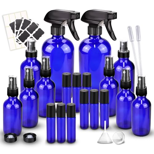 Loretoy Glass Spray Bottle Kit×10 (2×16 oz, 2×4 oz, 6×2 oz), 9×10 ml Roller Bottles, Anti UV, Multi Size and Versatile, Suitable for Aromatherapy, Facial Moisturizing, Watering, etc.(Blue - color: Blue