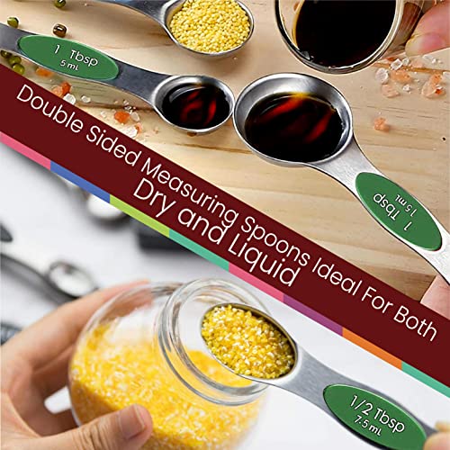 Magnetic Measuring Spoons Set of 9 Stainless Steel Dual-Sided Stackable Measuring Spoon Nesting Teaspoons Measuring Dry and Liquid Ingredients, Fits in Spice Jars Set of 9 (Green) - color: Green