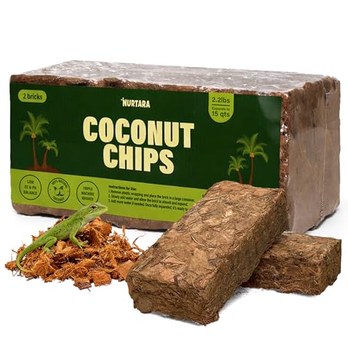 Coconut Chips Substrate, 2 Bricks, 2.2 lb Reptile Bedding, 15 qt | Expands to 15 qt, two coconut husk bricks, terrarium bedding for reptiles, orchid bark, tropical plant mulch - size: 2.2 Lbs (Pack of 2 - 1.1 Lbs Each)