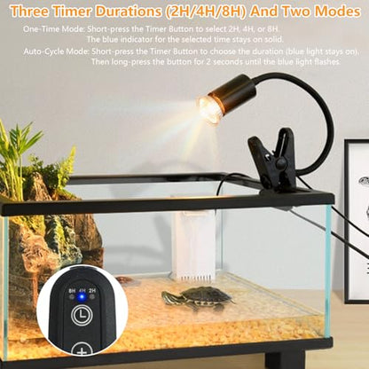 Reptile Heat Lamp with Clamp, Aquarium Turtle Tank Basking Light with 360° Rotatable, Timing, Dimming and 2 Pcs 50W UVA UVB Heat Light Bulb for Turtle, Lizard, Snake, Beared Dragon, Amphibians - size: Reptile Lamp-Dimmable and Timer