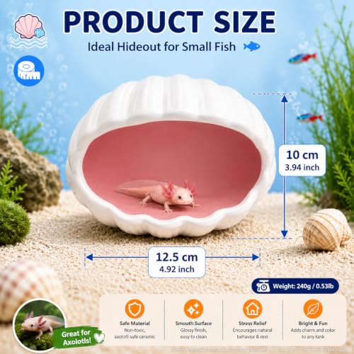 Ceramic Axolotl Hide Cave Hideout Tank Accessories Aquarium Decor for Pets | Hollow shaded resting spot、Weighted base, stays put、Fade-resistant glaze finish - size: Small