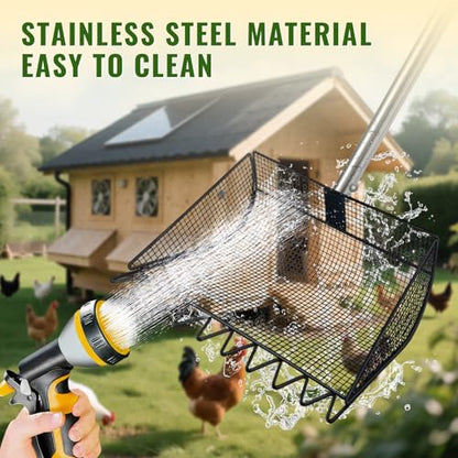 Chicken Poop Scooper, 2-in-1 Coop Scoop & Chicken Coop Rake, Sand Sifting Shovel with Adjustable Stainless Steel Handle, Up to 65 in, No-Bend Cleaning Tool - Patent-Pending (Black) - color: Black