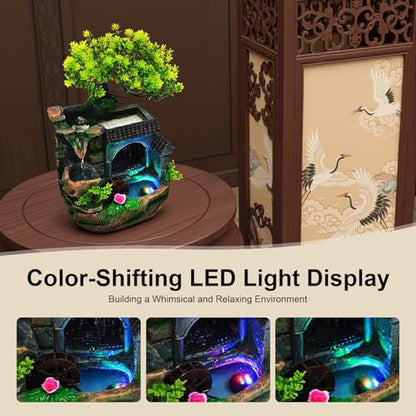 Rockery Tabletop Fountain, Waterfall Desktop Water Fountain with LED Light, Hand-Carved Resin Decor with Adjustable Flow Pump for Stress Relief, Suitable for Living Room, Office, Bedroom - size: B