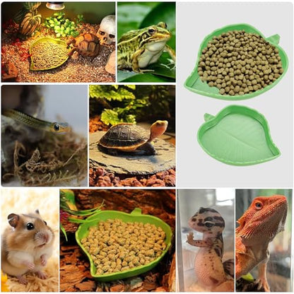 3PCS Tortoise Water Dish with Leaf Reptile Food Dish, Reddish | Anti-slip Reptile Bathing Pool with Ramp, Smooth Tortoise Water Dish Turtle Pool for Lizard Gecko Snake Frog Amphibians - color: Reddish Brown