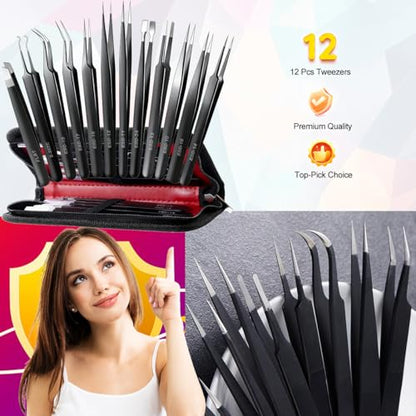 Antonki 12-in-1 Precision Metal Tweezers Set with Leather Case | High Quality, 1.5mm Thick, Strong Hardness, Rustproof, Anti-Static, Tips Cover, Complete Set, Portable Design - color: Precision Tweezers 12 Pack W/ Case - Black
