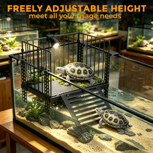 Turtle Basking Platform with Ramp, for 10-30 Gal Tank | Sliding hooks adjust water depth easily. Fits 11-13 inch rim. Rust-proof SS, non-slip ramp for safe climbing.