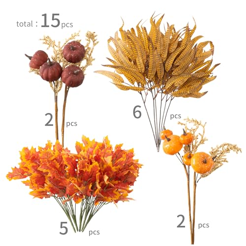 15pcs Outdoor Fall Artificial Branch with Pumpkin, Feather and Maple Leaves for Indoor Outside Hanging Plants Garden Porch Window Box Home Wedding Farmhouse Décor - color: Brown&yellow