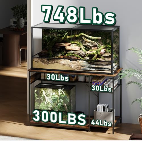 Reptile Tank Stand with Power Outlets，48" X 24" Tabletop Fits up to 120 Gallon Bearded Dragon Enclosure Stand，Double Snake Terrarium Table with Light - color: Rustic Brown