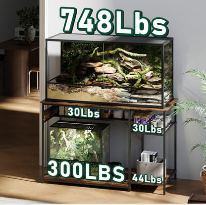 Reptile Tank Stand with Power Outlets，48" X 24" Tabletop Fits up to 120 Gallon Bearded Dragon Enclosure Stand，Double Snake Terrarium Table with Light - color: Rustic Brown