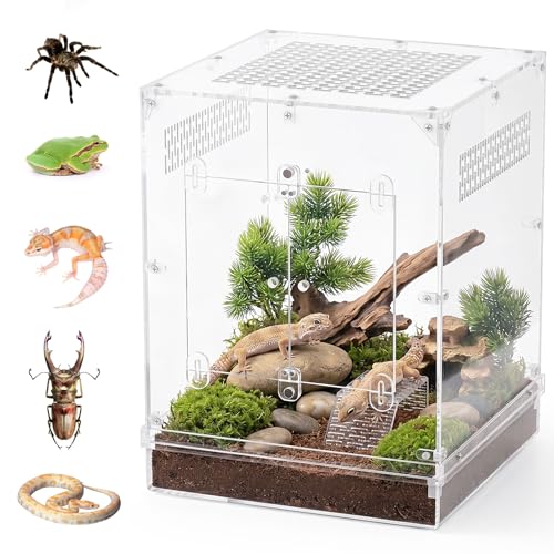 CADUKE 12"x12"x16" Reptile Terrarium, 10 Gallon Reptile Tank, Reptile Enclosure with Double Door, Water Area, Acrylic Reptile Enclosure Terrarium for Crested Gecko, Leopard Gecko, Spider, Snake