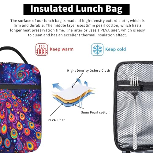 Neon Peacock Art Adult Insulated Lunch Bag, Portable Thermal Cooler Tote With Pockets, Durable Polyester Lunch Box With Handle For Work, Office, Travel - color: Style 2