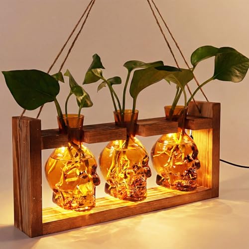 Skull Plant Propagation Station with LED Lights - Halloween Decor Skull Planter, Hydroponics Pot for Office, Unique Gifts for Women & Plant Lovers(Amber) - color: Amber