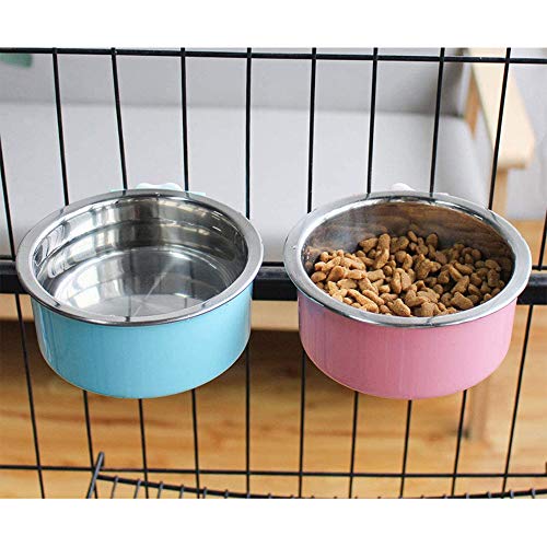 Stainless Steel Removable Pet Food Bowl, Anti-overturn Water Feeder Container, Suitable for Small Dog/Cat/Rabbit, 2 Set of Crate Bowls, Easy to Install and Clean - color: (Round) Pink/Blue