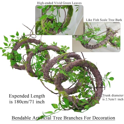 71" Bendable Tree Branch Halloween Jungle Vine Hanging Moss Garland Reptile | Artificial Posable Greenery Branches Faux Tree Twigs Ivy Leaves for Climb Outdoor Canopy Wedding Wall Porch Mantel Decoration